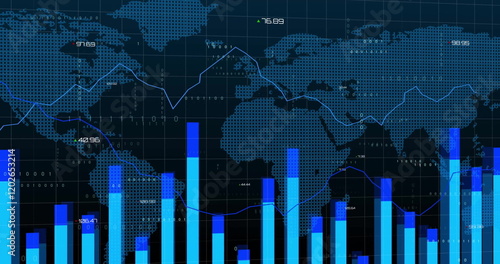 Financial data and graph image over digital map of Europe and Africa