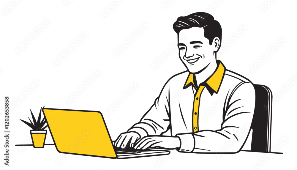 Vector illustration of a young businessman sitting at his desk and working on his laptop Vector illustration of a young businessman sitting at his desk and working on his laptop