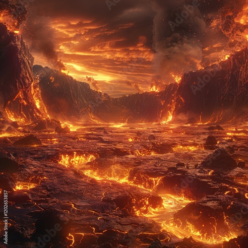 Fiery volcanic landscape with flowing lava, erupting mountains, and a dramatic sunset sky.