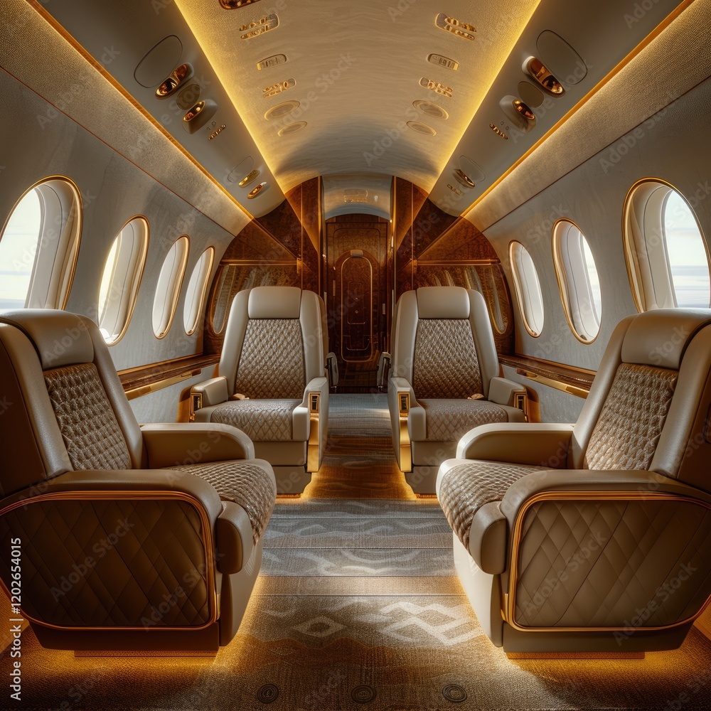 Fototapeta premium Luxurious private jet cabin interior with plush beige leather seats, gold accents, and ambient lighting.