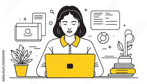Vector illustration of a woman working on a laptop. Flat line design style.