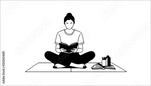 Woman reading a book in yoga lotus position. Vector illustration.
