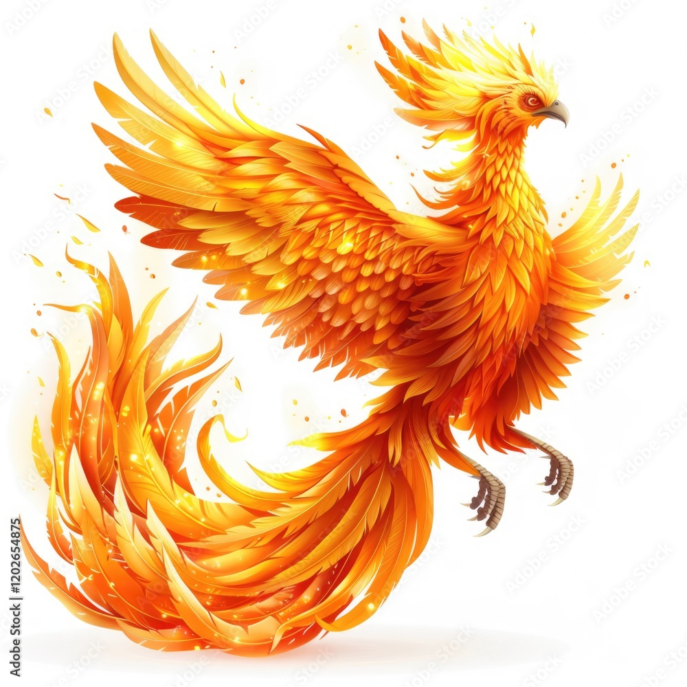 Obraz premium A majestic phoenix, adorned in fiery orange and gold feathers, takes flight, its wings ablaze with incandescent brilliance.