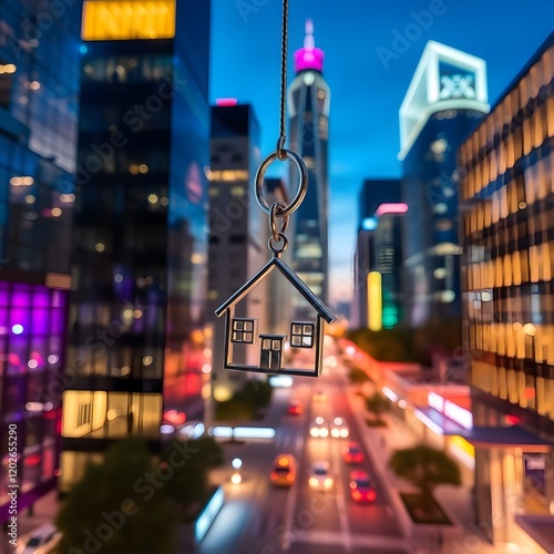 LImage of hanging house shaped key chain over illuminated modern buildings in background. Generative AI  photo