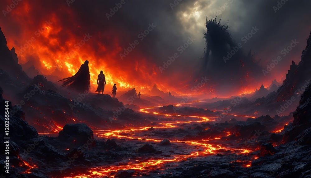 Lava River Confrontation: Figures and a Shadowy Beast in Fiery Landscape Lava River Confrontation: Figures and a Shadowy Beast in Fiery Landscape