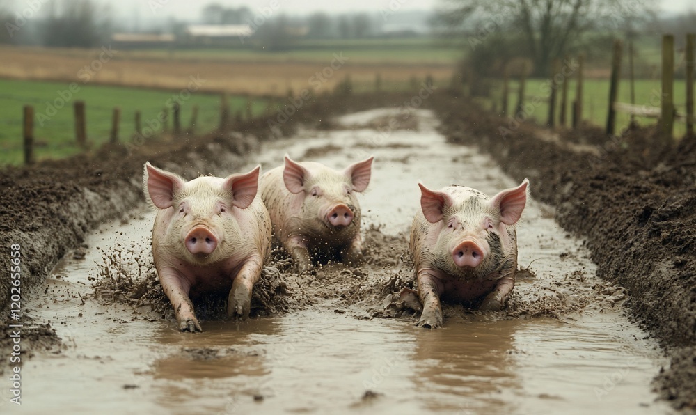 Pigs playing in mud, rural farm, countryside Pigs playing in mud, rural farm, countryside