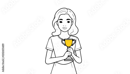 Woman holding a golden trophy cup. Vector illustration in outline style.