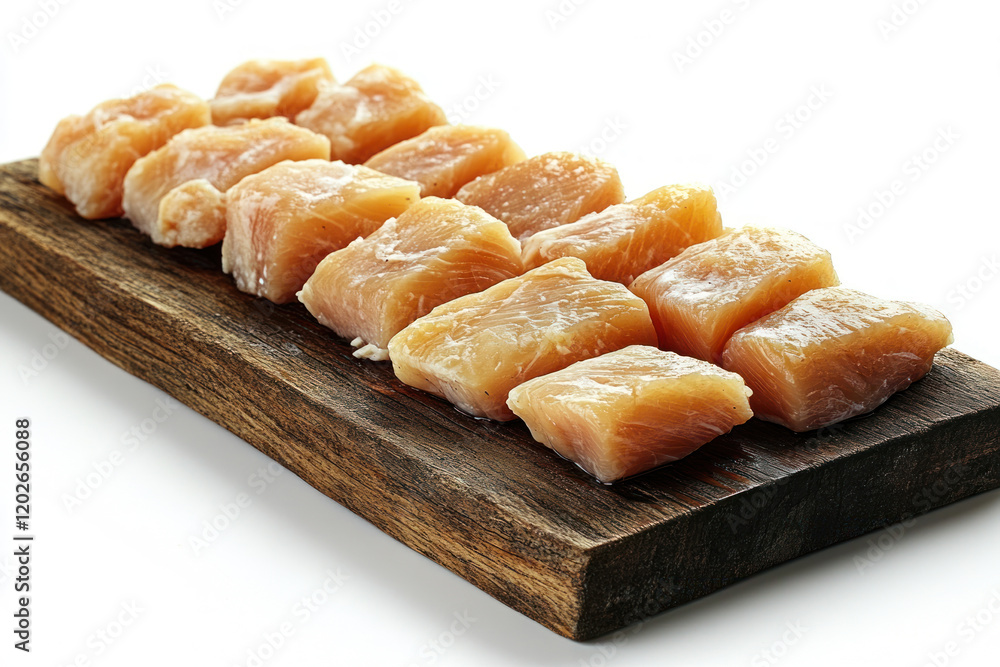 pieces of raw chicken fillet, laid out in even rows on a wooden board. pieces of raw chicken fillet, laid out in even rows on a wooden board.