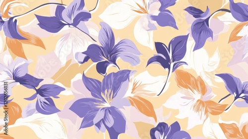 Colorful floral pattern featuring purple and orange flowers on a soft beige background ideal for textiles and decor