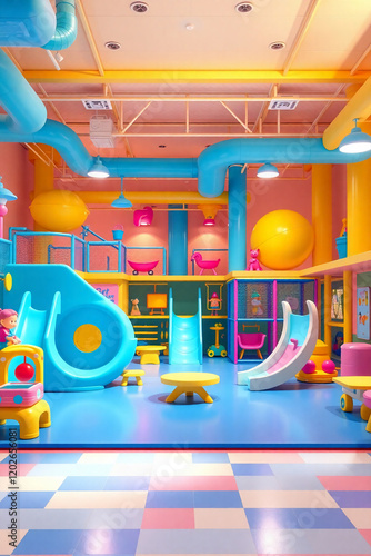 AI generative. 3d cartoon illustration, colorful of kids playground indoor activity for infographic. 25