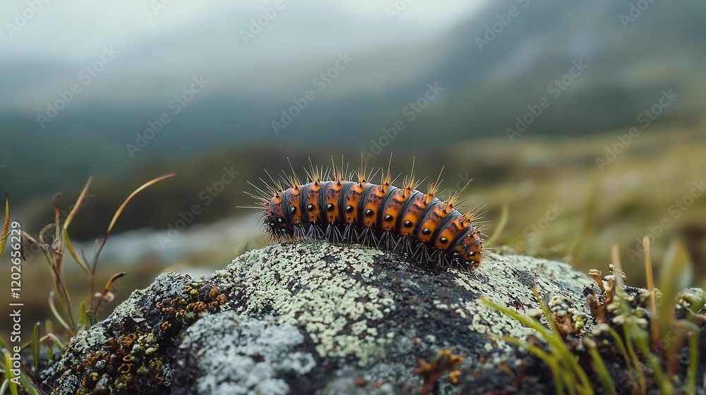 A close-up of a caterpillar on a rock surrounded by grass, with a distant hill in the background A close-up of a caterpillar on a rock surrounded by grass, with a distant hill in the background