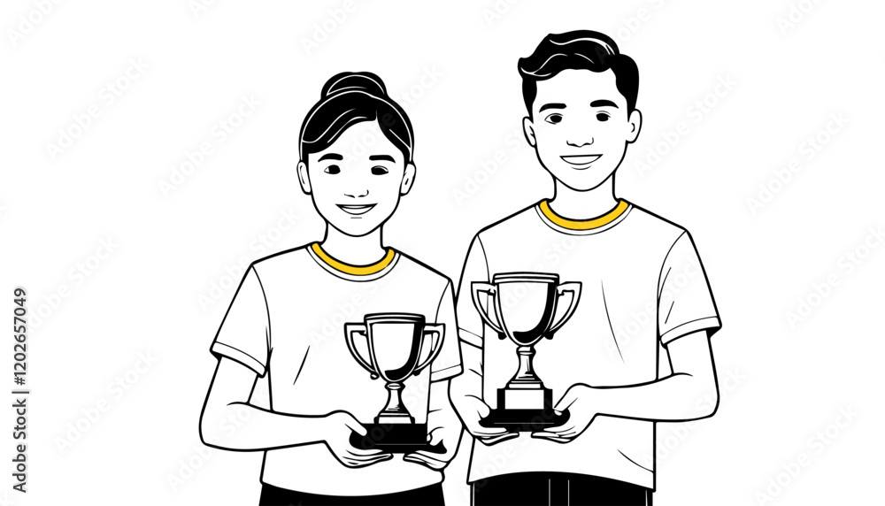 young men friends holding trophy cup cartoon vector illustration graphic design in black and white young men friends holding trophy cup cartoon vector illustration graphic design in black and white