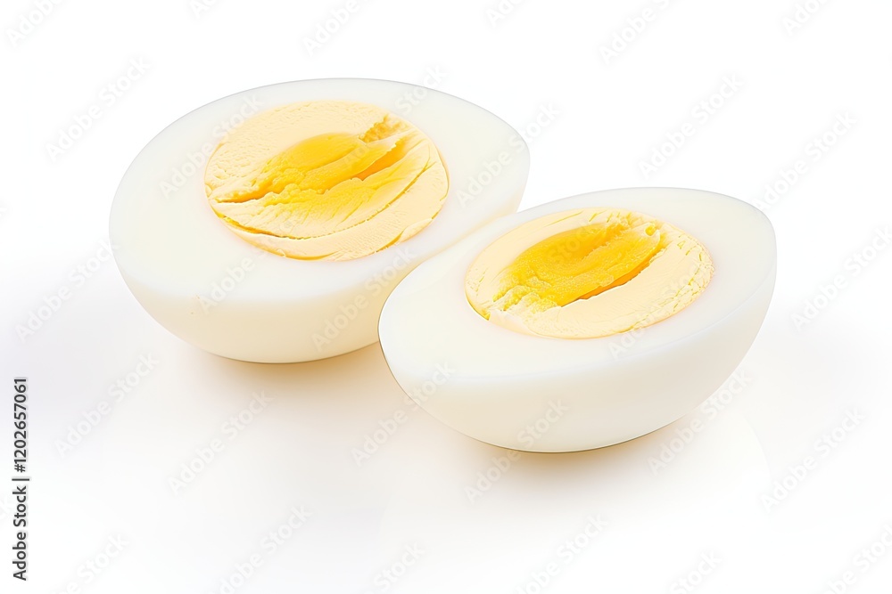 Hard boiled egg slice on white backdrop Hard boiled egg slice on white backdrop