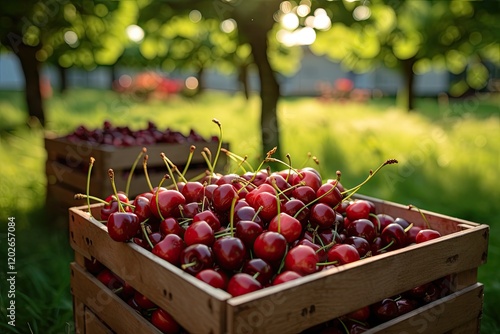 Harvesting fresh red cherries in a large orchard with buckets full and a close up of grass and boxes