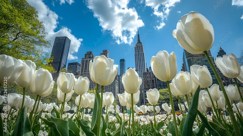 Obraz premium White Tulips Bloom Beneath New York City Skyline