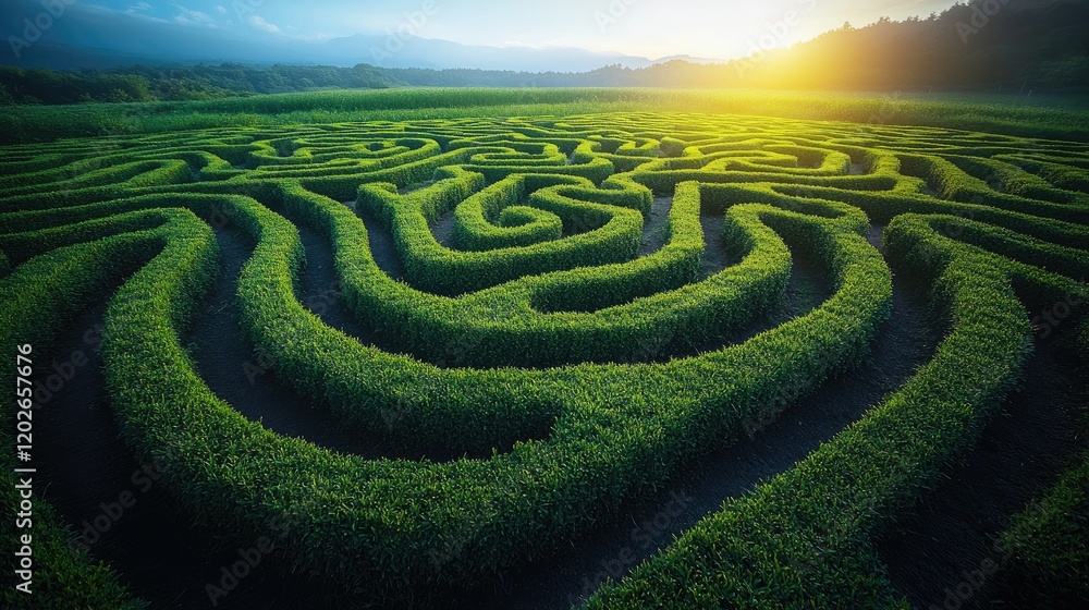 Aerial view of a lush green maze at sunrise, showcasing intricate pathways and natural beauty. Aerial view of a lush green maze at sunrise, showcasing intricate pathways and natural beauty.