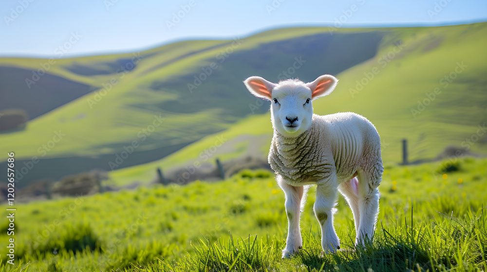 Curious White Lamb Standing in a Lush Green Meadow with Rolling Hills and Clear Blue Sky in the Background Curious White Lamb Standing in a Lush Green Meadow with Rolling Hills and Clear Blue Sky in the Background