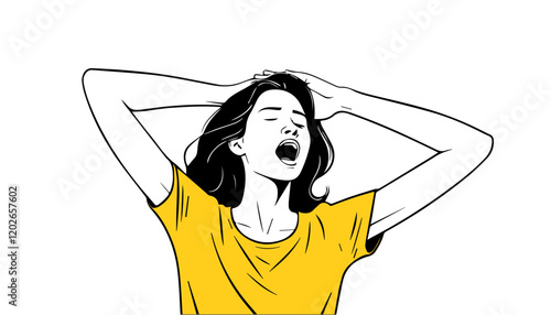 Woman in a yellow t-shirt with her hands behind her head