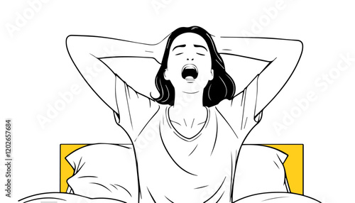 Illustration of a woman yawning in bed. Black and white vector illustration.