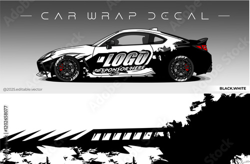 Car Wrap Design. Livery decal car vector with black white colour. Sticker full body car suitable for racing, rally and daily use