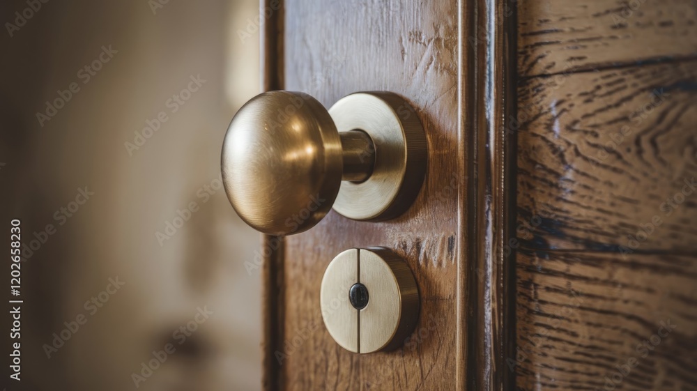 Modern Round Metal Door Handle and Lock on Wooden Surface Modern Round Metal Door Handle and Lock on Wooden Surface