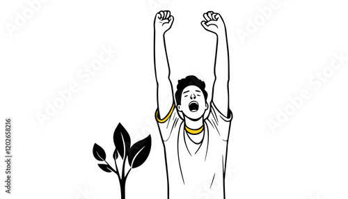 Man raising his hands with a tree in the background. Vector illustration.