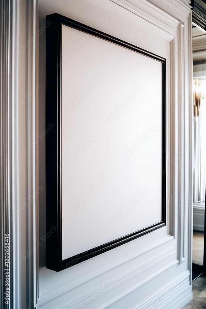 Black Framed Canvas Hanging on Ornate White Paneled Wall in Artistic Setting : Generative AI Black Framed Canvas Hanging on Ornate White Paneled Wall in Artistic Setting : Generative AI