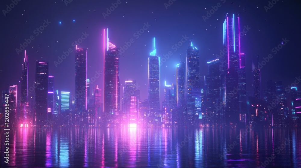 Neon Cityscape at Night: A Futuristic Metropolis Reflecting in Calm Waters Neon Cityscape at Night: A Futuristic Metropolis Reflecting in Calm Waters