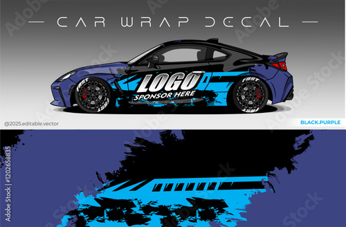 Car Wrap Design. Livery decal car vector with black blue colour. Sticker full body car suitable for racing, rally and daily use