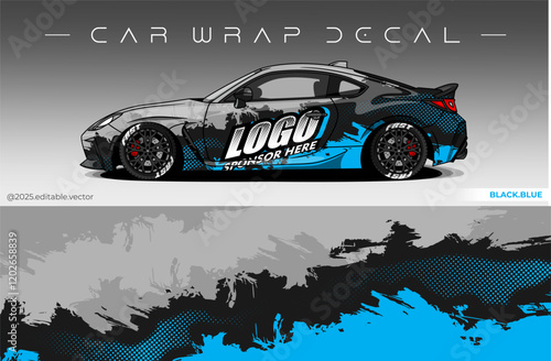 Car Wrap Design. Livery decal car vector with black blue colour. Sticker full body car suitable for racing, rally and daily use