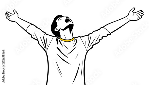 Jesus Christ with open arms. Vector illustration in black and white.
