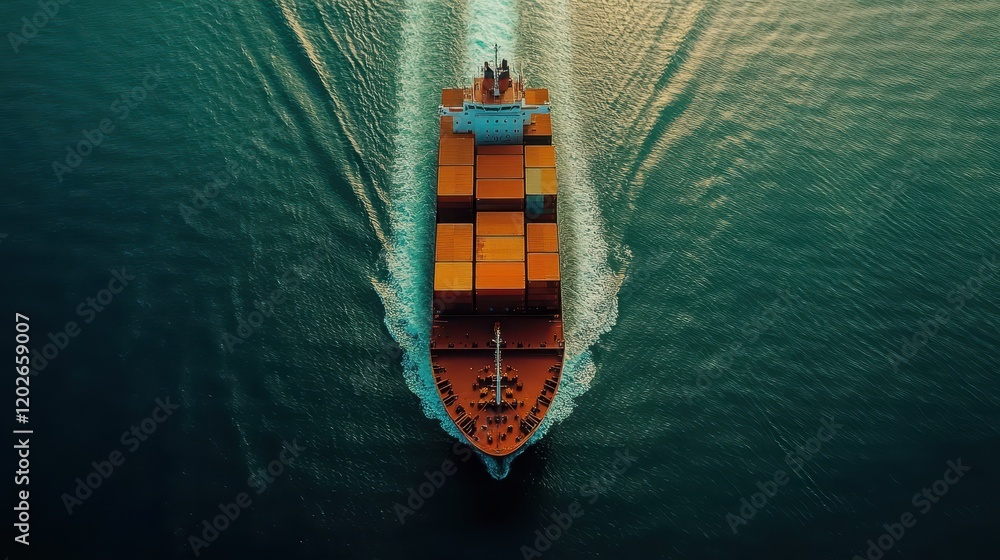 Aerial view of a large cargo ship sailing on the ocean. Illustrates global trade and maritime transport. Aerial view of a large cargo ship sailing on the ocean. Illustrates global trade and maritime transport.