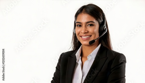 Beautiful business woman with headset. Call Center Operator. Over white background. Generated image