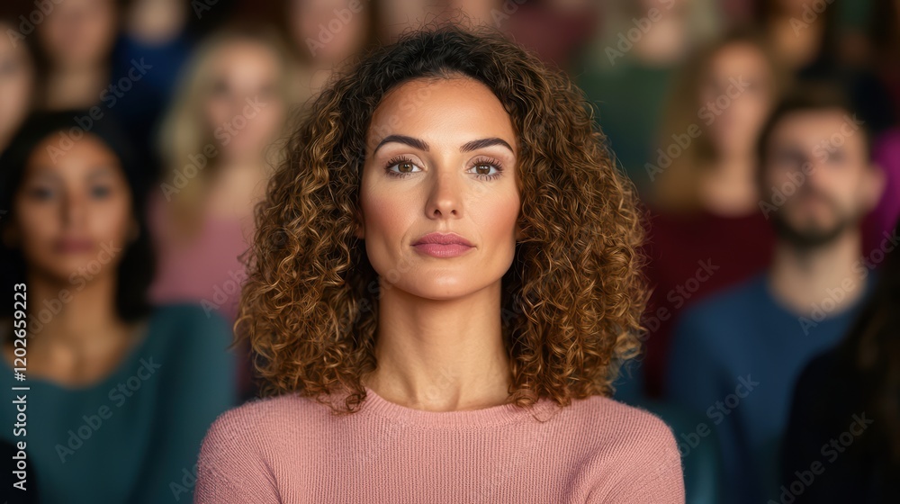 Fototapeta premium A focused woman with curly hair stands out among a crowd, conveying confidence and contemplation in a vibrant, engaging setting.