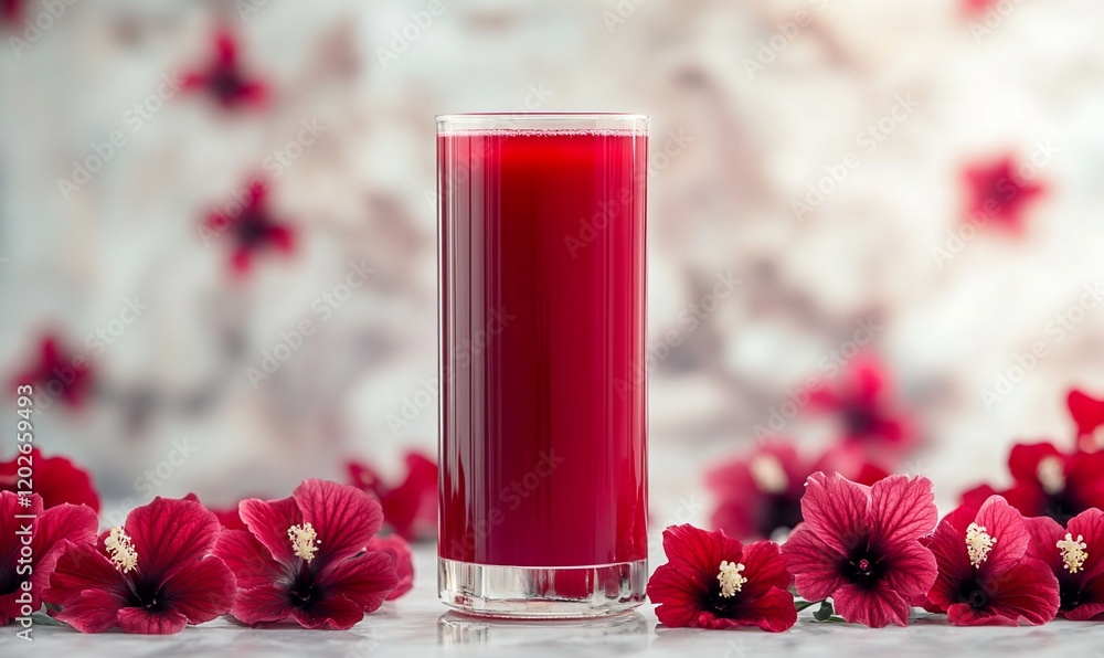 Red hibiscus juice drink, flowers background, healthy drink Red hibiscus juice drink, flowers background, healthy drink