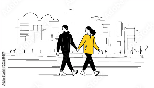 Schilderij op canvas Couple walking in the city. Vector illustration in linear style.