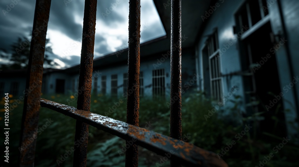 Rusty gate, abandoned building, overgrown weeds, dark sky. Horror film scene Rusty gate, abandoned building, overgrown weeds, dark sky. Horror film scene