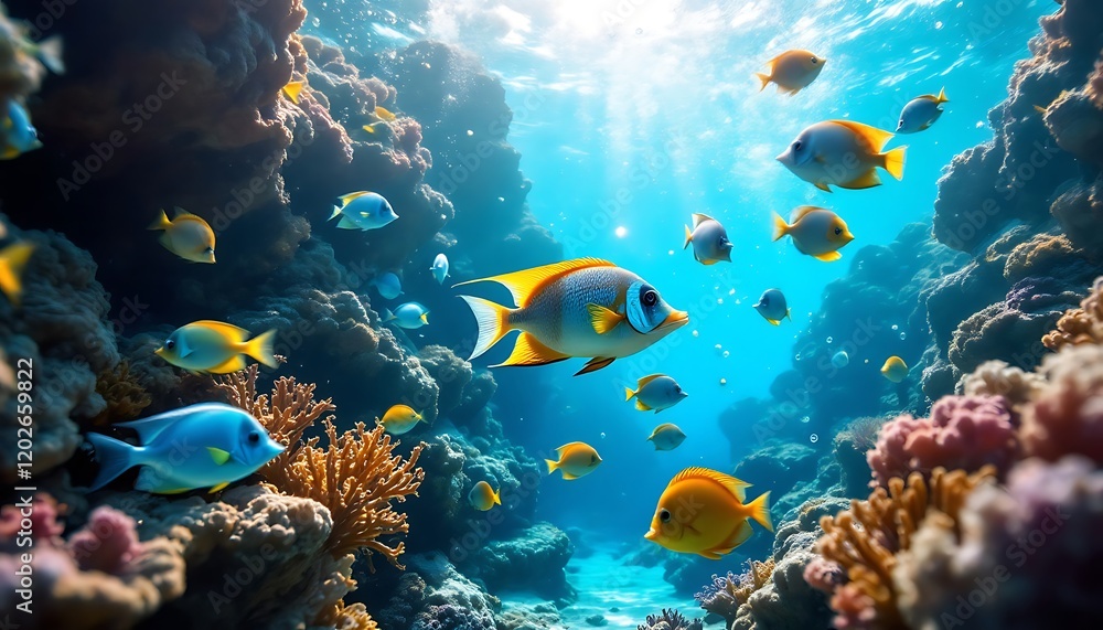 Naklejka premium Vibrant Reef: Sunlit Coral, Tropical Fish, Underwater Serenity