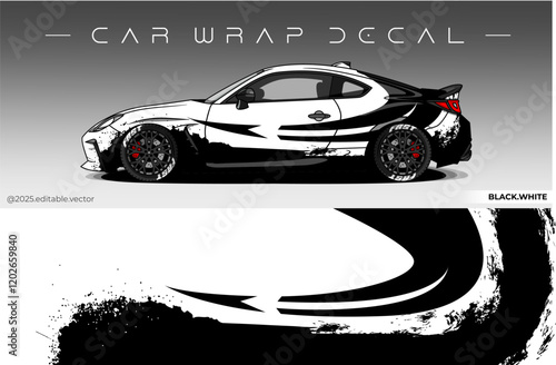 Car Wrap Design. Livery decal car vector with black white colour. Sticker full body car suitable for racing, rally and daily use