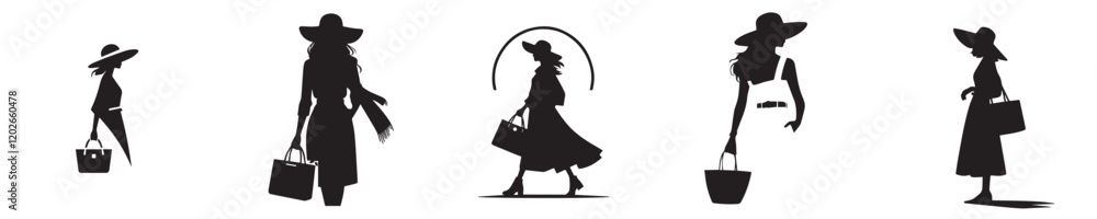 vector collection of silhouetted female models carrying bags and wearing hats vector collection of silhouetted female models carrying bags and wearing hats
