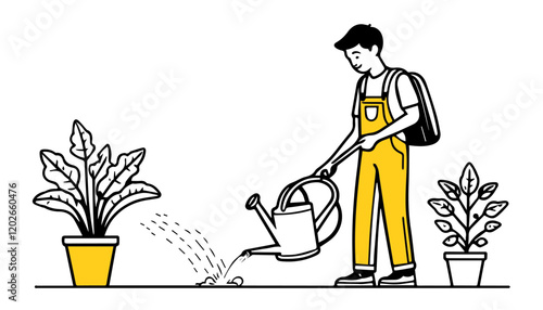 Gardener watering plants with watering can. Gardening and agriculture concept. notion style