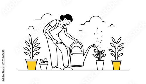Gardener watering plants. Gardening concept. Linear vector illustration