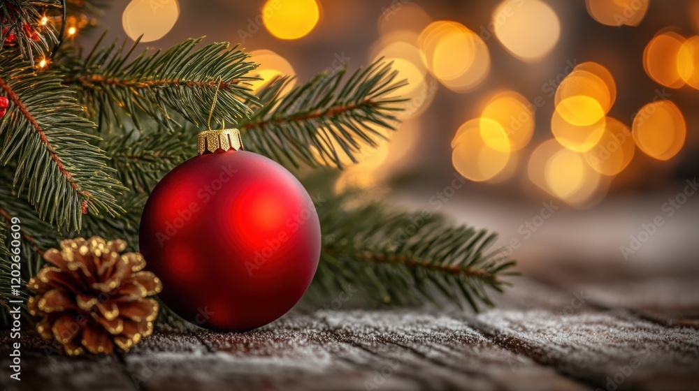 Red Christmas bauble on wooden surface with pine and bokeh lights. Red Christmas bauble on wooden surface with pine and bokeh lights.