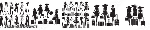 vector collection of silhouetted female models carrying bags and wearing hats