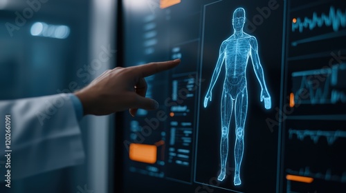 A medical professional interacts with a digital display of the human body, showcasing health data and anatomical visuals.