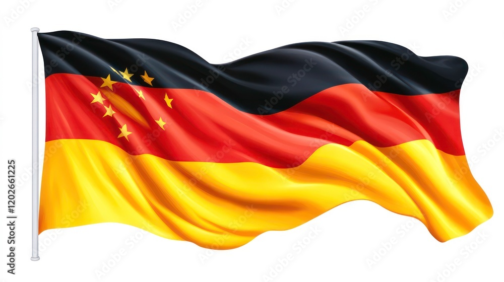A waving German flag, isolated on white background, showing its black, red, and gold horizontal stripes. A waving German flag, isolated on white background, showing its black, red, and gold horizontal stripes.