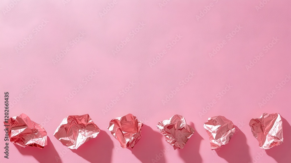 Rose Gold Foil Crumpled Papers on Pink Background Minimalist Abstract Design Rose Gold Foil Crumpled Papers on Pink Background Minimalist Abstract Design