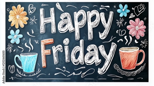 Happy Friday Chalkboard Design with Coffee Cups and Flowers