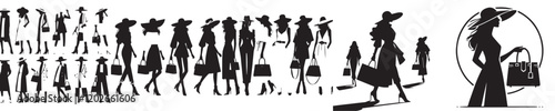 vector collection of silhouetted female models carrying bags and wearing hats