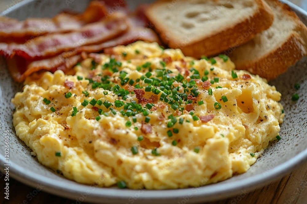 Scrambled eggs, bacon, toast breakfast Scrambled eggs, bacon, toast breakfast